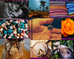 Upper left: skull facing upwards
Upper middle: desert at night with bushy trees
Upper right: stacks of scarfs
Middle left: multi-colored stones
Middle center: open hand with necklace dangling over
Middle right: orange rose
Lower left: girls with braids hugging
Lower center: honeycake on a plate
Lower right: cobra with hood open