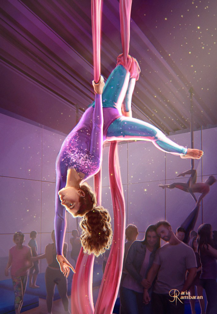 Thirteen-year-old aerial dancer on her pink aerial silk, facing left and dangling upside down. She's wearing a sparkly purple leotard and turquoise tights. She's in an industrial-type studio with performers and spectators in the background.