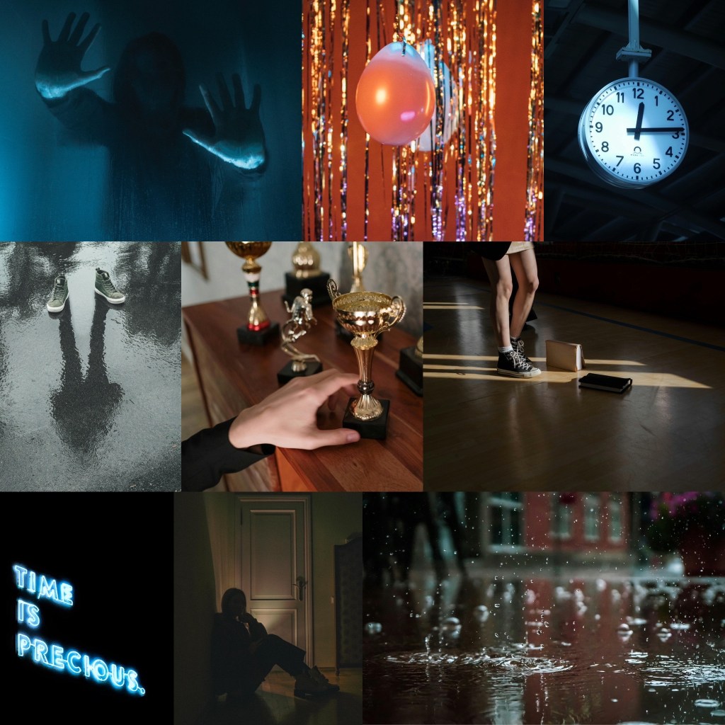 Top left: Girl pressing against a glass in blue shadows
Top center: Balloons, streamers, disco ball under party lights
Top right: Hanging clock with industrial background
Center left: Empty shoes on wet asphalt with a shadow of a person on the ground
Center: Person’s hand adjusting trophies on a shelf
Center right: Girl’s legs standing in a shaft of light in a dark gymnasium with books on the ground 
Bottom left: Words lit up ‘Time Is Precious’
Bottom center: Girl sitting in mostly dark near a white door
Bottom right: Rain splashing into a puddle outside a red-bricked building