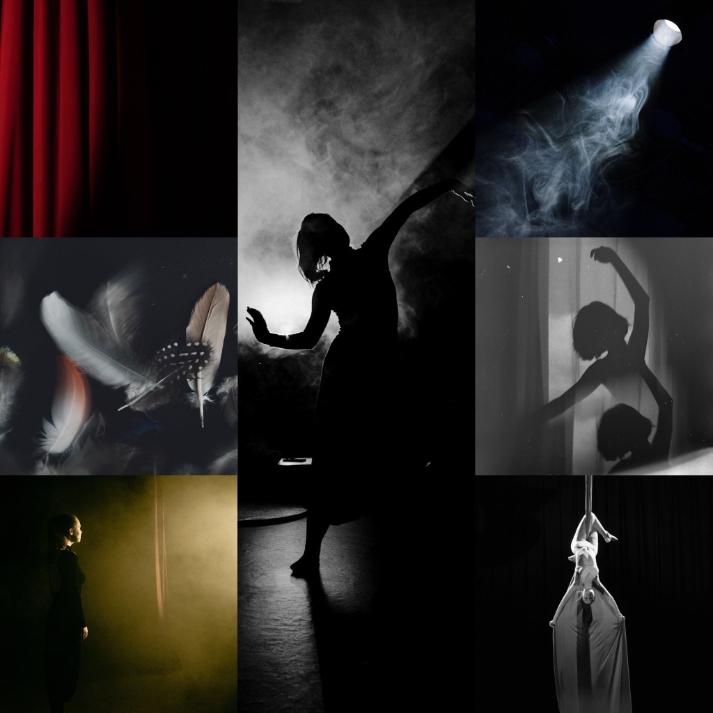 Upper left image: red curtains in shadow
Upper right image: white spotlight beaming in the darkness
Center left image: white and black feathers with a little red
Center image: silhouette of a woman dancing with white, smoky light behind her
Center right image: dark reflections of a girl dancing
Lower left image: girl in a black leotard facing the yellow light
Lower right image: black and white image of a woman inverted on an aerial silk, spreading the silk with her hands