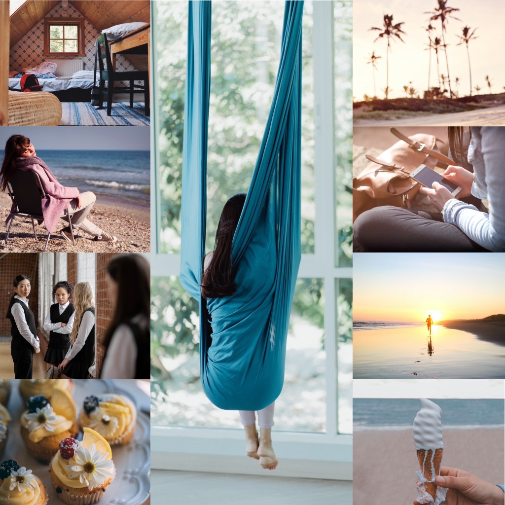 Upper left: attic room with messy bed
Upper right: palm trees and sand 
Upper middle left: Girl sitting on chair next to ocean 
Upper middle right: Girl on phone 
Middle left:  Girls in uniforms looking at each other
Middle right: person running on the beach with the sun behind them 
Lower left: Fancy muffins
Center: Girl on blue silk facing away 
Lower right: melting ice cream at the beach