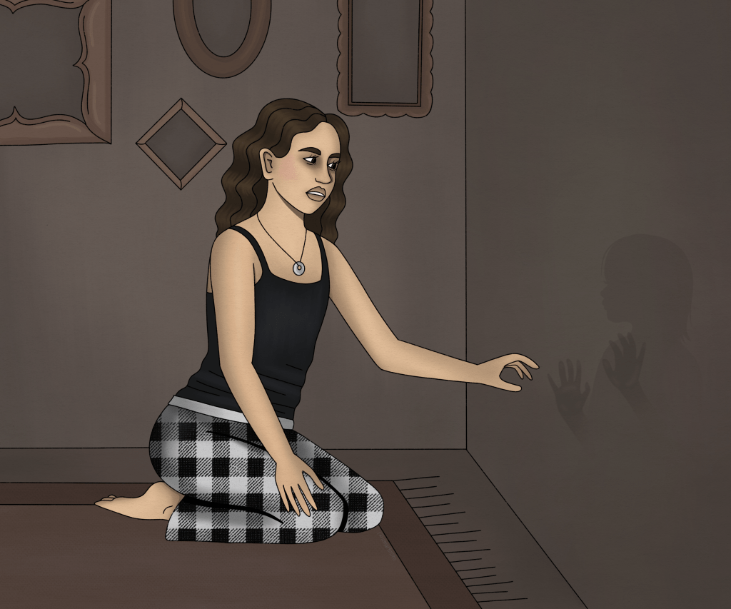 12yo brown-haired Sami in her pjs (black tank top and flannel pj bottoms) is wearing the silver necklace her Grandpa gave her. She's kneeling on the floor and reaching for the wall where there's a shadow of a little girl with her hands pressed against the surface.