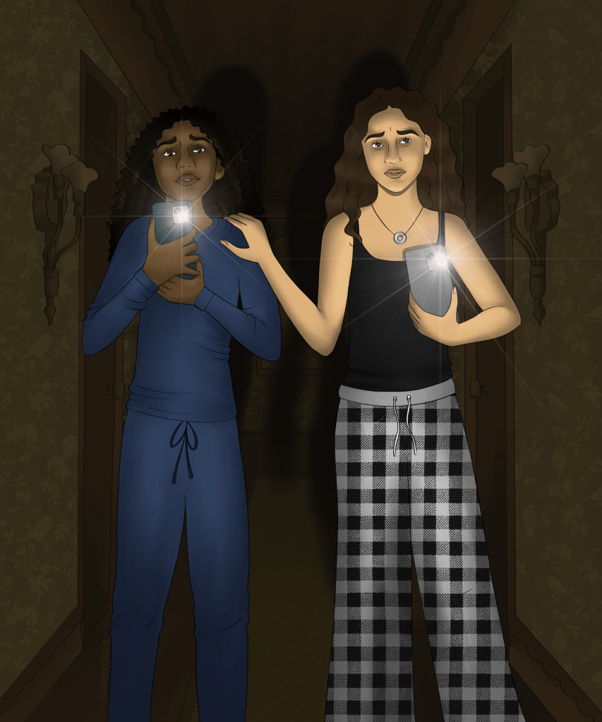 12yo brown-haired Sami in her pjs (black tank top and flannel pj bottoms) is wearing the silver necklace her Grandpa gave her. She's standing in the dark hallway with her friend, Jadah, who has dark, spongy curls, dark skin, and is wearing stretchy blue pjs. They are both holding their phones with the flashlights pointed outwards and they both appear scared.